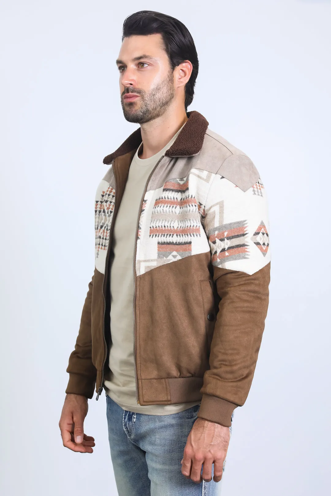 Mens Ethnic Aztec Quilted Twill Brown Jacket W/Suede Accents