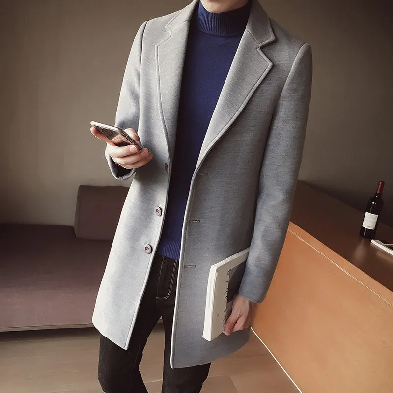 Men's mid-length trench coat Korean style slim woolen coat