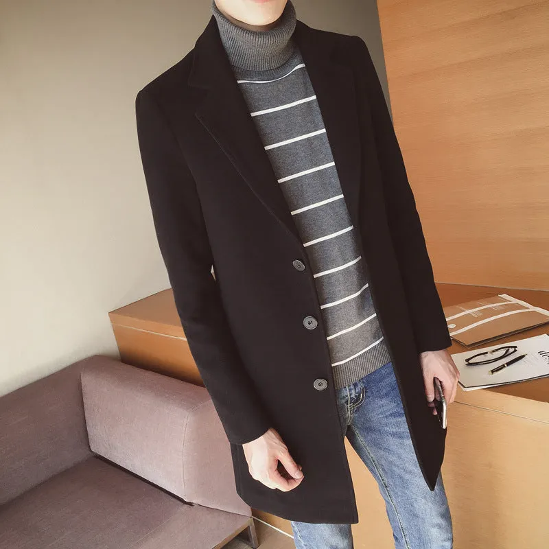 Men's mid-length trench coat Korean style slim woolen coat