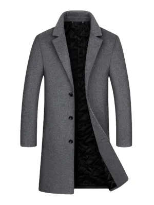 Mens Woolen Mid Length Single-Breasted Thick Business Coat