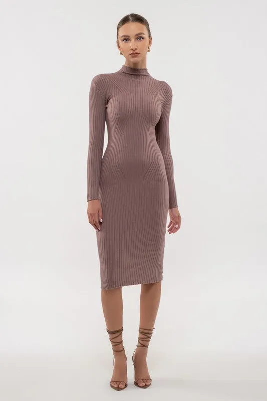 Mock Neck Long Sleeve Sweater Knit Midi Dress