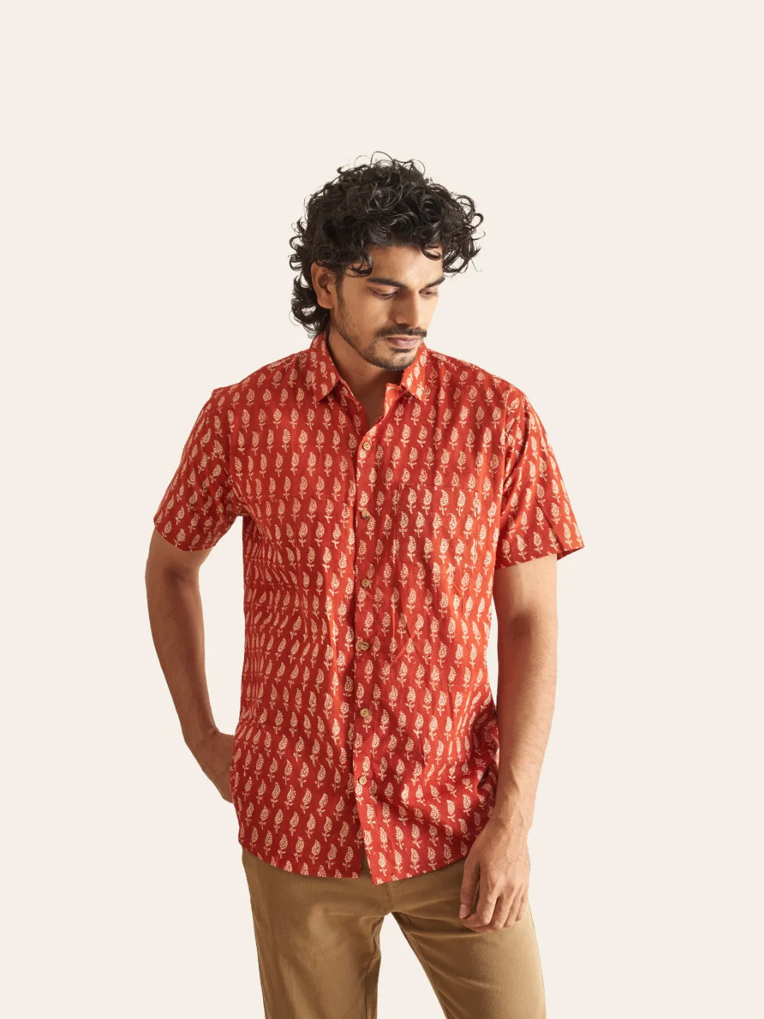 Natural Dye Red Ethnic Motif Handblock Printed Cotton Shirt