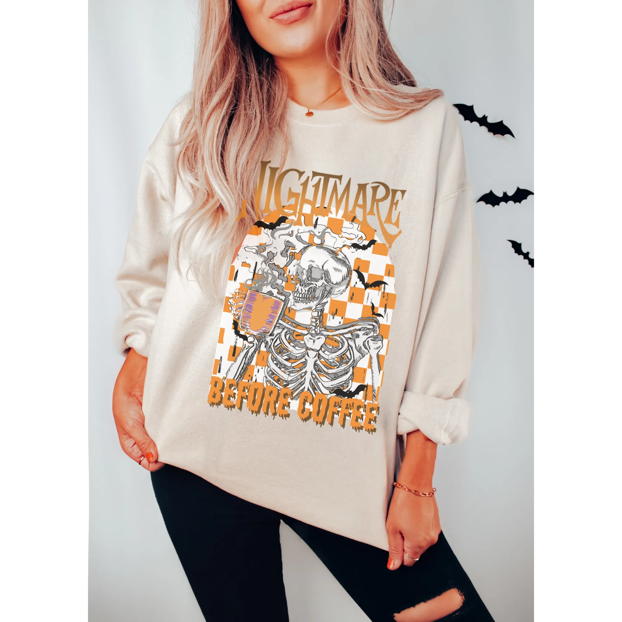 Nightmare Before Coffee Crewneck Sweatshirt Women's Fall Funny Halloween Design Gildan Pullover