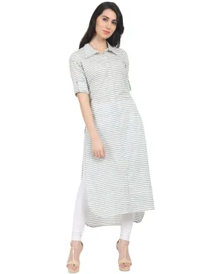 Off White Striped Half Sleeve Cotton Low High Kurta