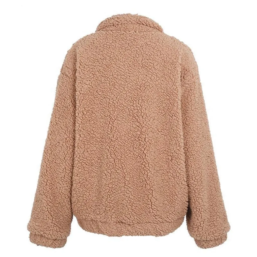 Oversized Teddy Bear Zipup Jacket - Camel