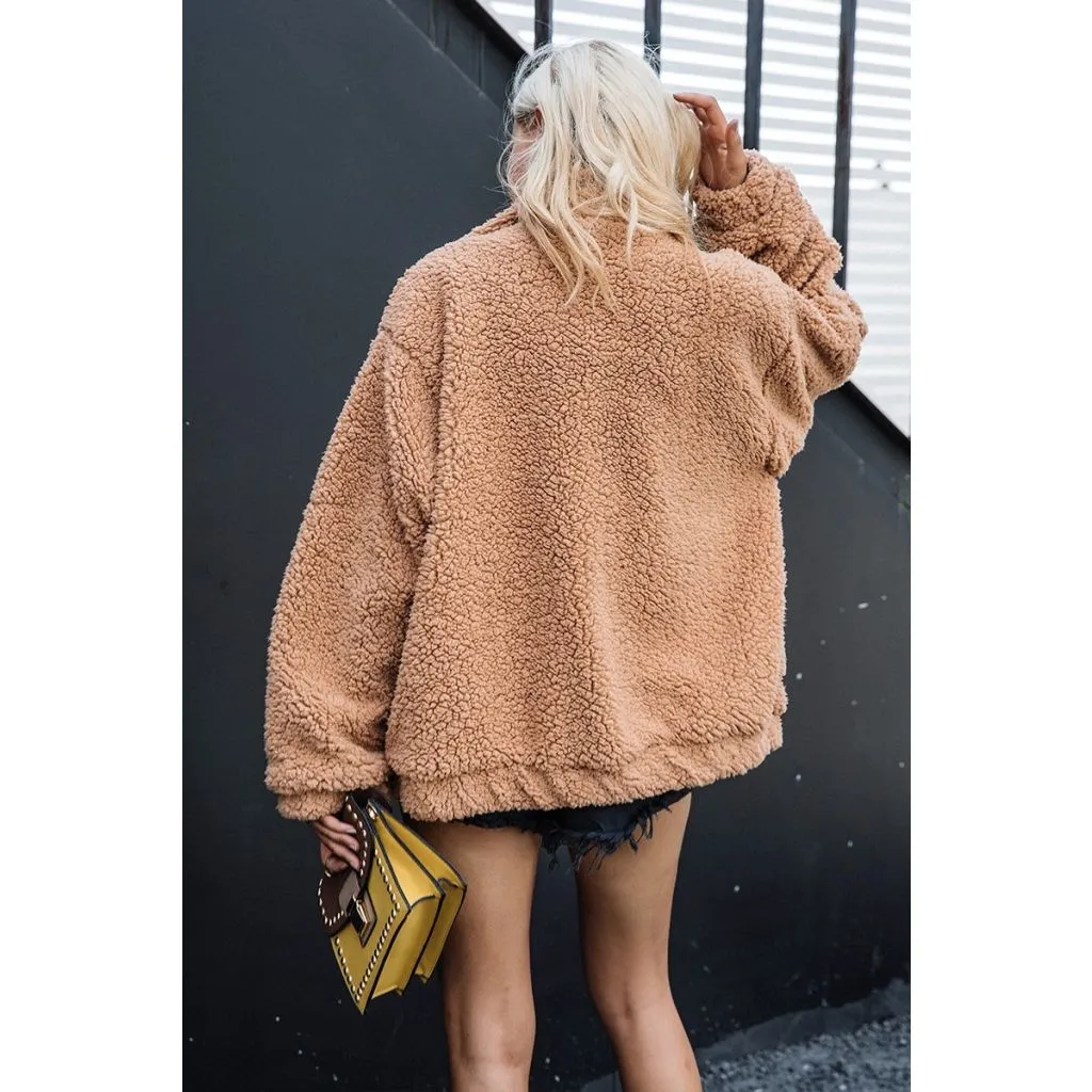 Oversized Teddy Bear Zipup Jacket - Camel