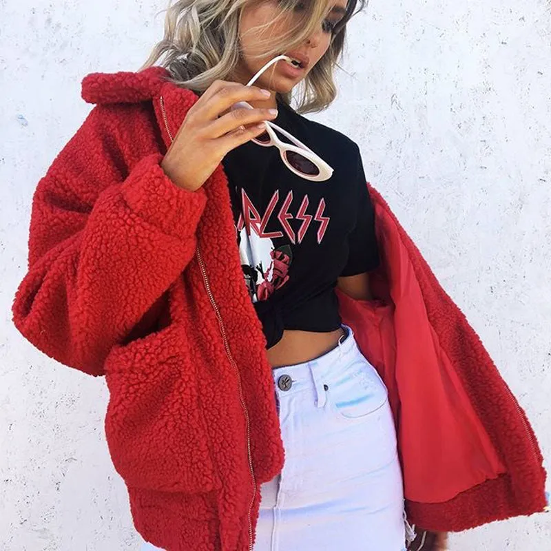 Oversized Teddy Bear Zipup Jacket - Red