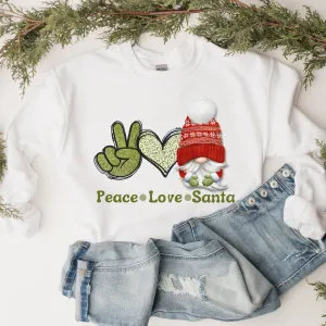 Peace Love Santa Gnome Christmas Crewneck Sweatshirt Cute Warm and Cozy Gildan® Pullover Watercolor Retro Peace Sign and Heart