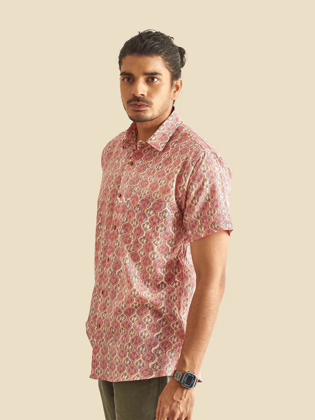 Pink and White Ethnic Block Printed Holiday Halfsleeves Cotton Shirt