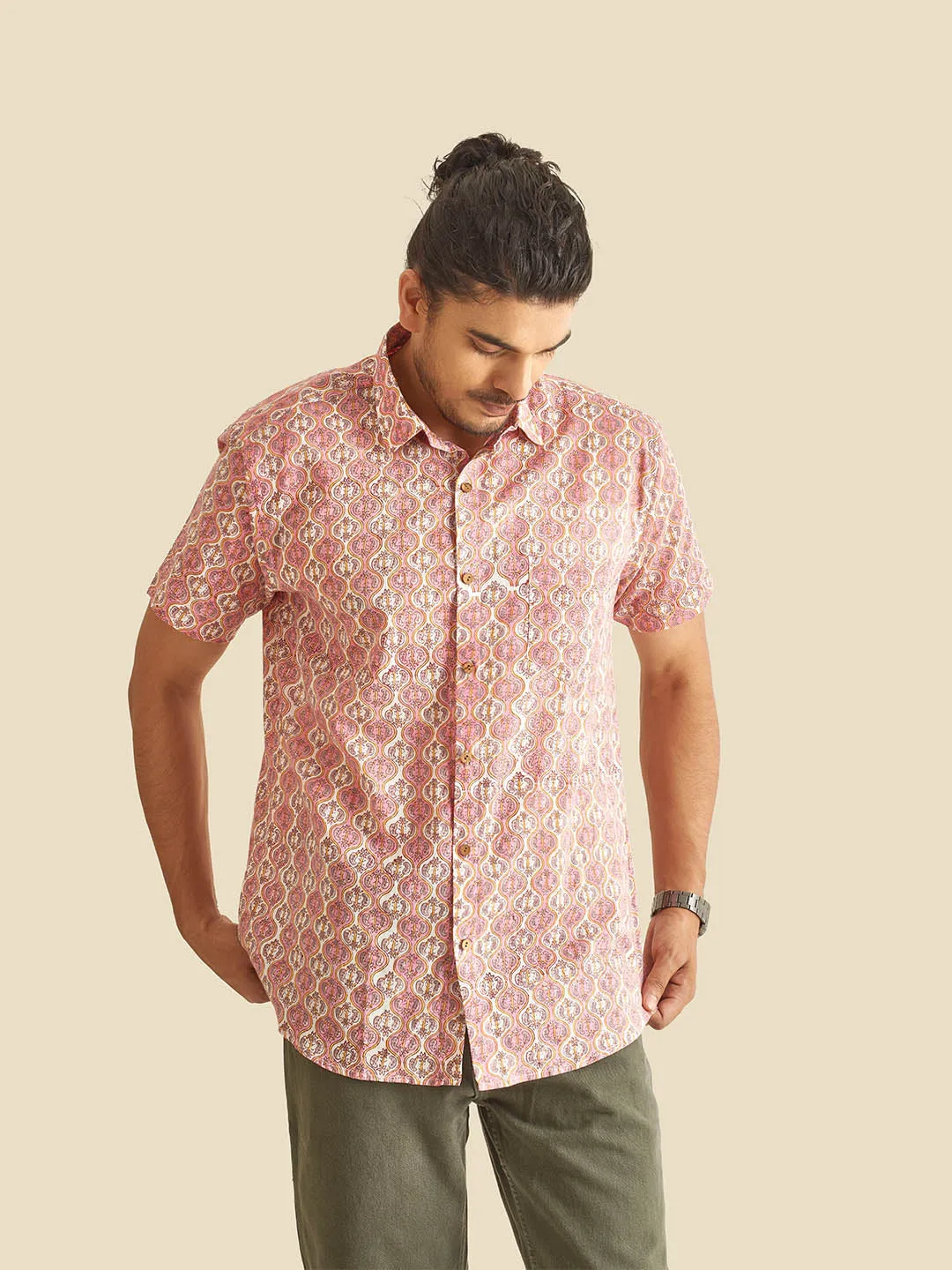 Pink and White Ethnic Block Printed Holiday Halfsleeves Cotton Shirt