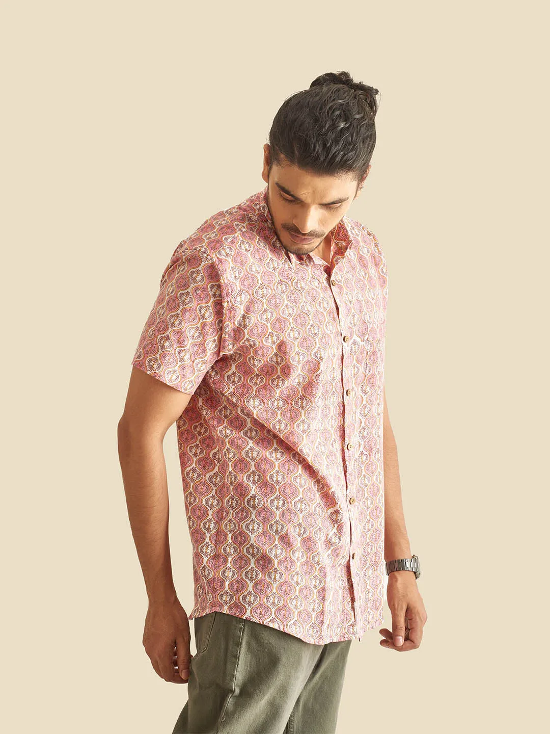 Pink and White Ethnic Block Printed Holiday Halfsleeves Cotton Shirt