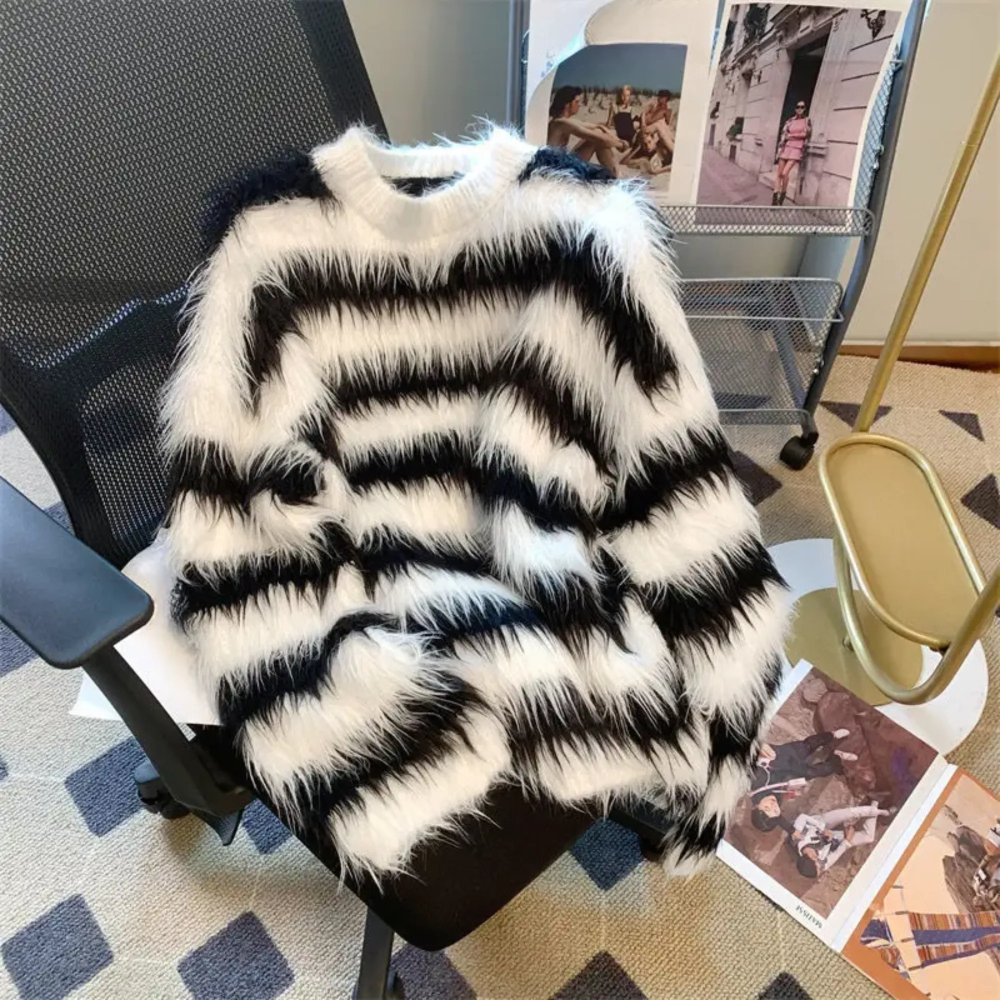 Pre Order:  Stripes Faux Fur Loose Sweater