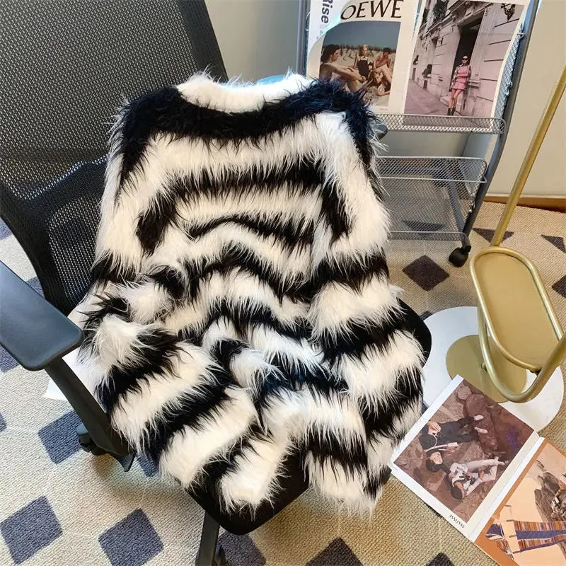 Pre Order:  Stripes Faux Fur Loose Sweater