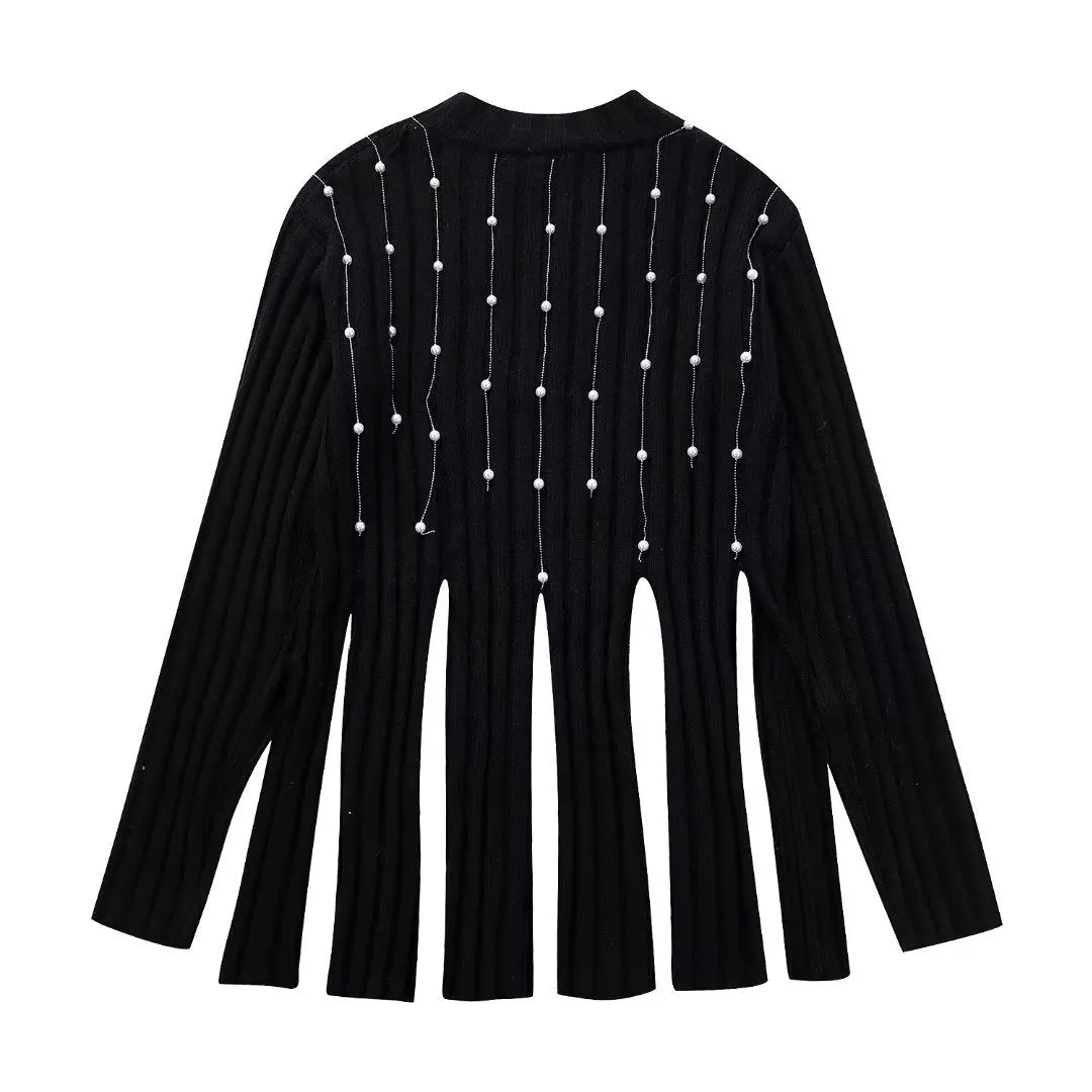 Pre Order:  Tassel Split Hem Faux Pearls Sweater