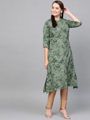 Sage Green Floral Gold Printed Collared Neck 3/4Th Sleeves A-Line Kurta.