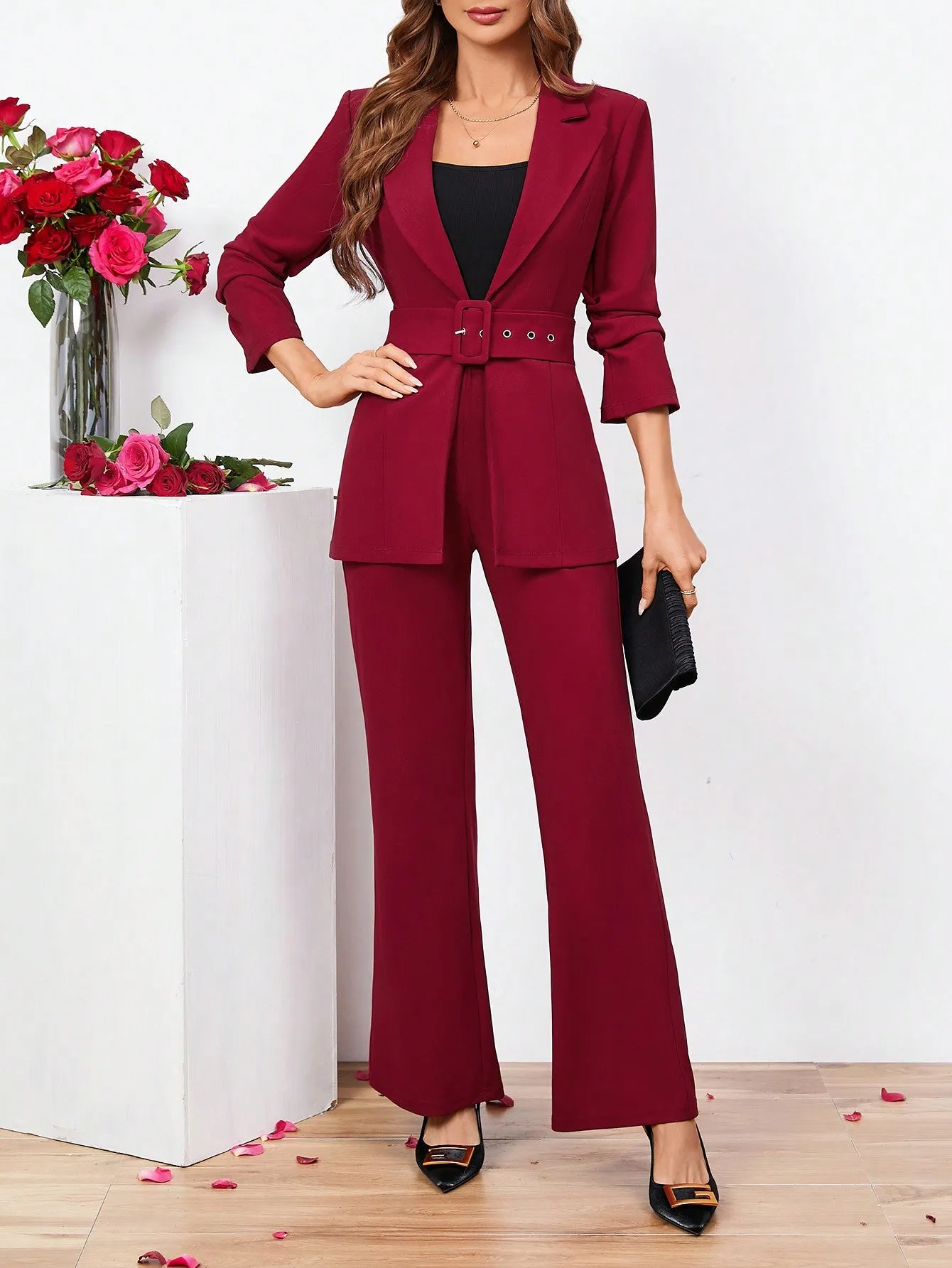 SHEIN Clasi Ladies Belted Three-quarter Sleeve Suit With Pleats