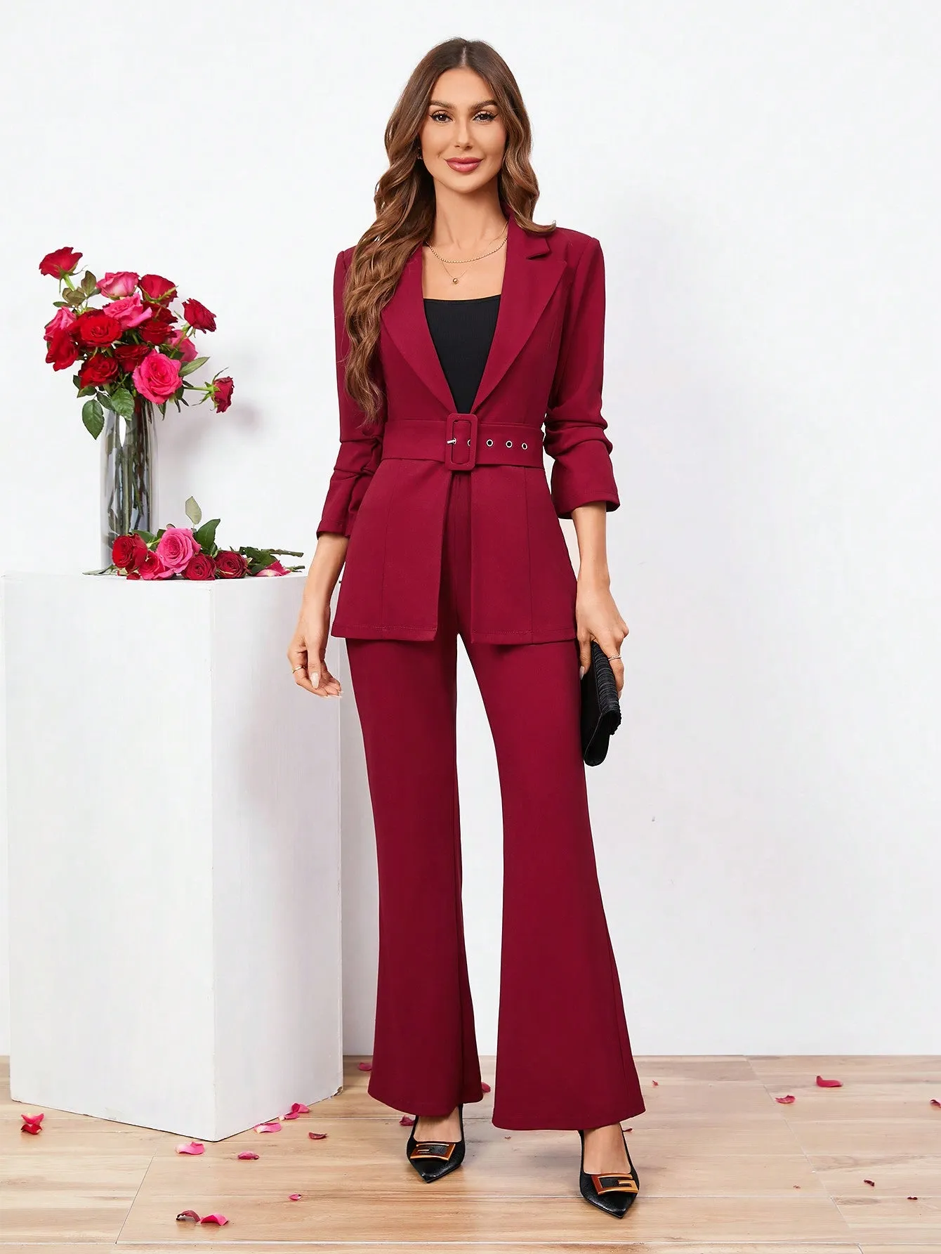 SHEIN Clasi Ladies Belted Three-quarter Sleeve Suit With Pleats