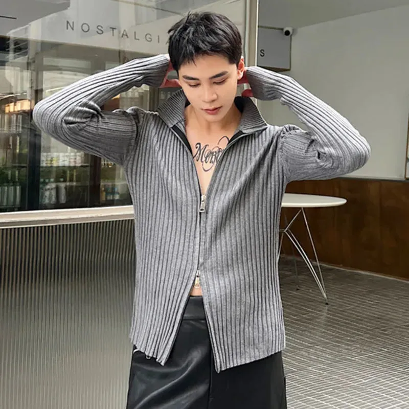 Slim Men's Knitted Sweater Coat Double Pull Zipper Open Sweatshirts Korean Solid Color Casual Cardigan Autumn 9C2029