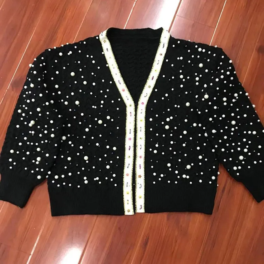 Solid Patchwork Pearls Knitting Sweaters For Women V Neck Long Sleeves Temperament Sweater Female Fashion Clothes