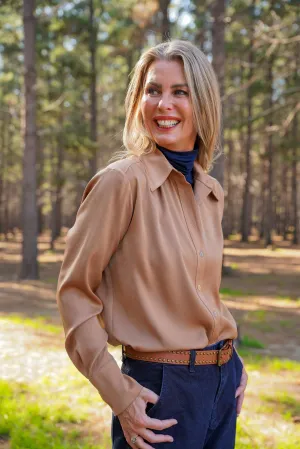 Tan Satin Fitted Classic Shirt