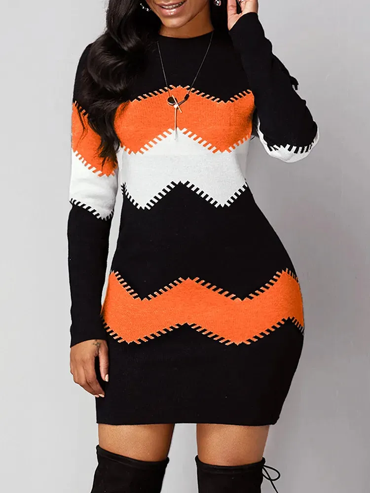 Trendy Knitted Long-sleeve Pattern Mini Dress