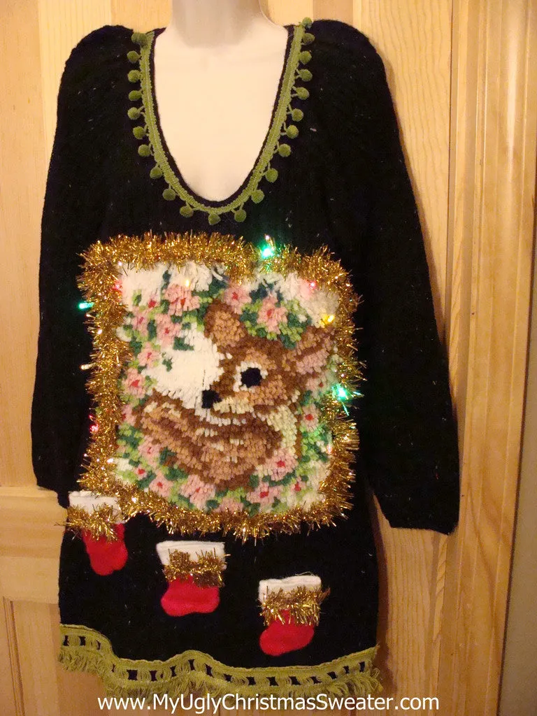 Ugly Christmas Sweater Party Tacky Dress with Lights & Hook Rug Reindeer (d51)