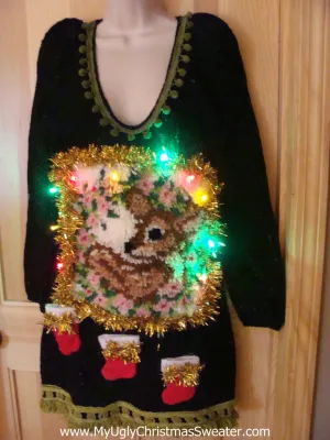 Ugly Christmas Sweater Party Tacky Dress with Lights & Hook Rug Reindeer (d51)