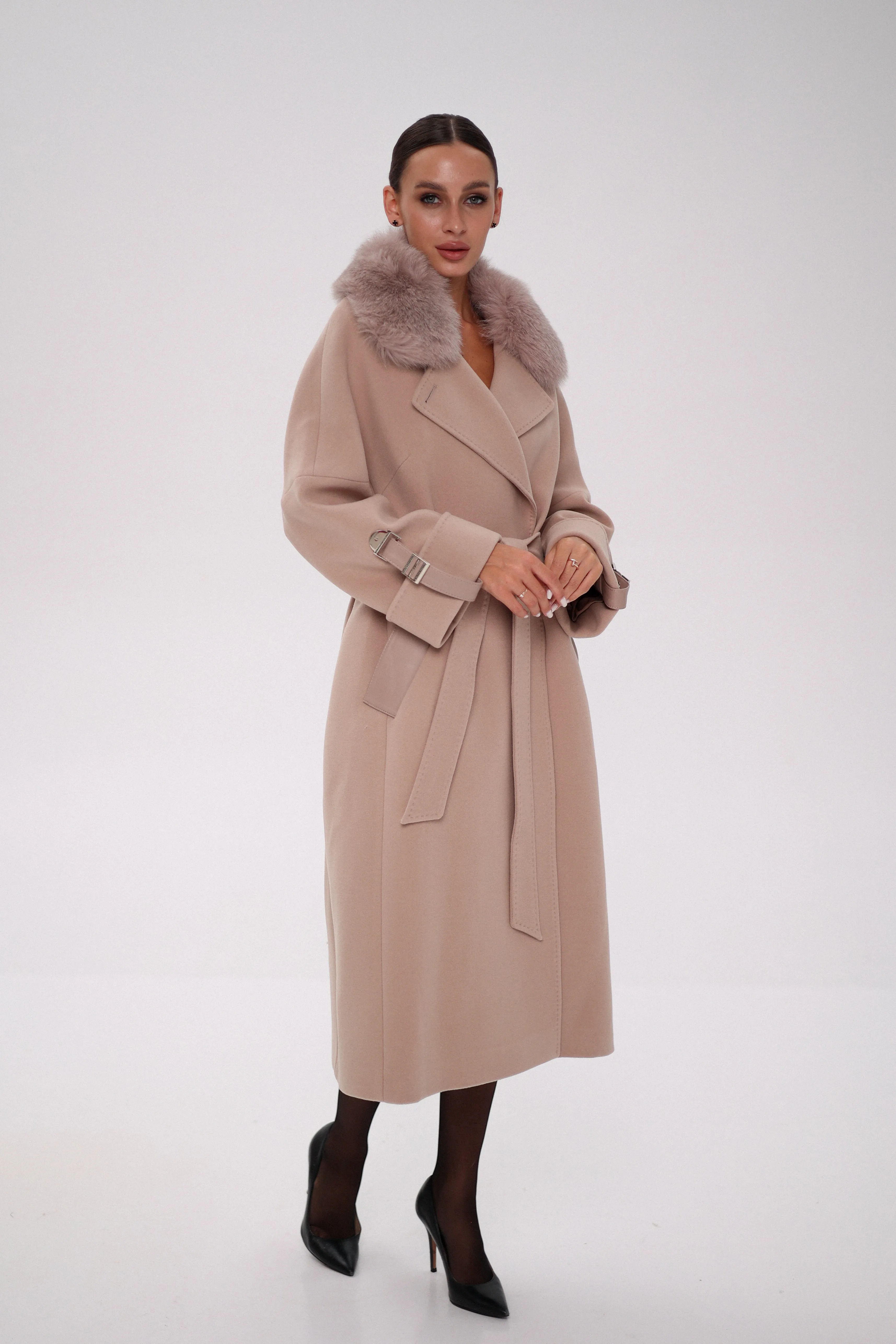 Vienna Genuine Polar Fox Trim Belted Cashmere Wool Coat