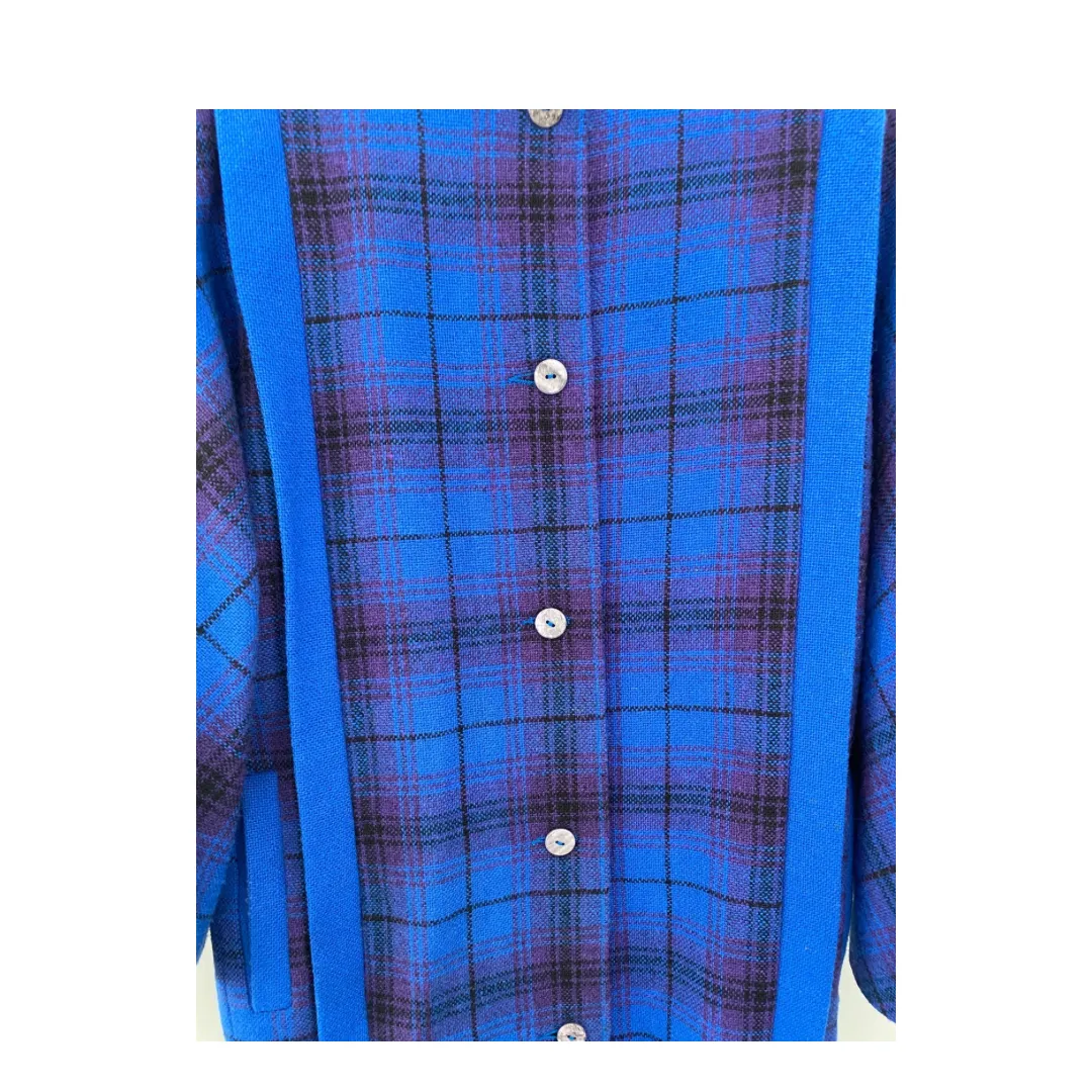 VINTAGE 80s Wool Check Coat Blue SIZE S