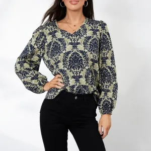 Vintage Ethnic Long Sleeve V Neck Plant Loose Spring Summer Pullover Boho T-shirt