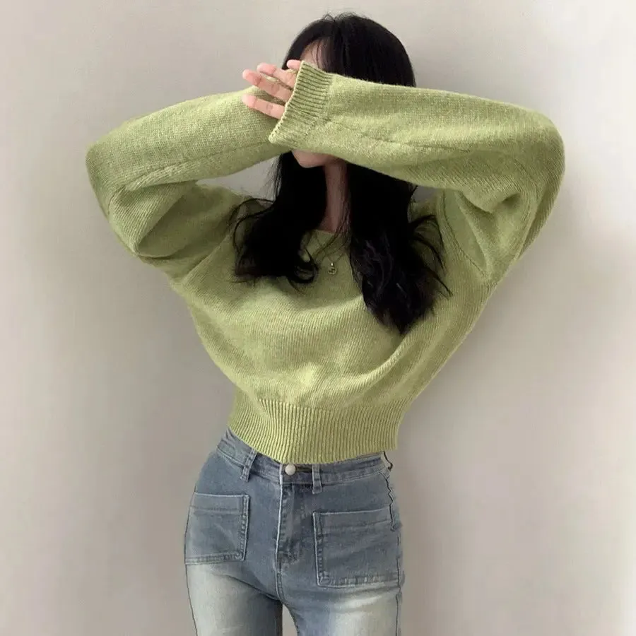 Waist-tight Hem Long Sleeve Pullover Short Sweater