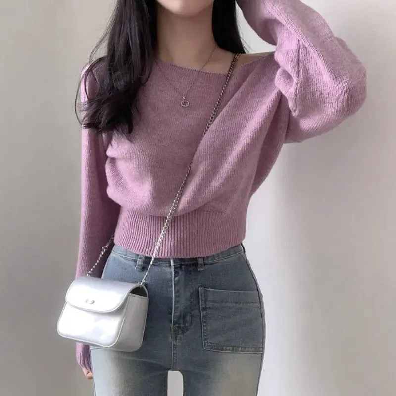 Waist-tight Hem Long Sleeve Pullover Short Sweater