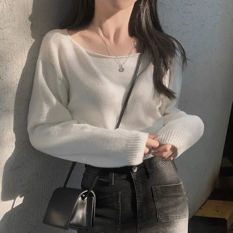 Waist-tight Hem Long Sleeve Pullover Short Sweater