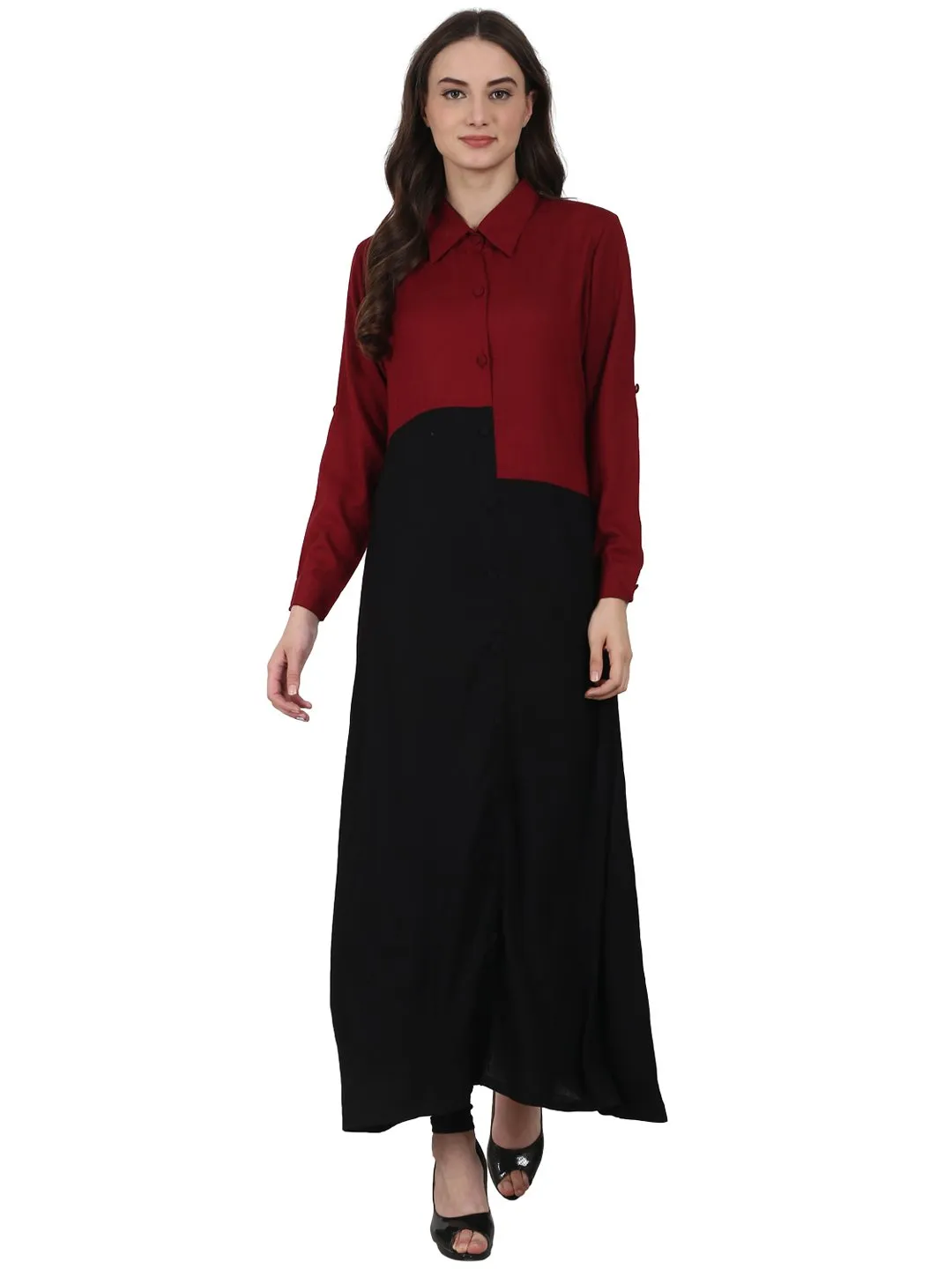 Women Black & Maroon Full Sleeve Rayon Long Kurta