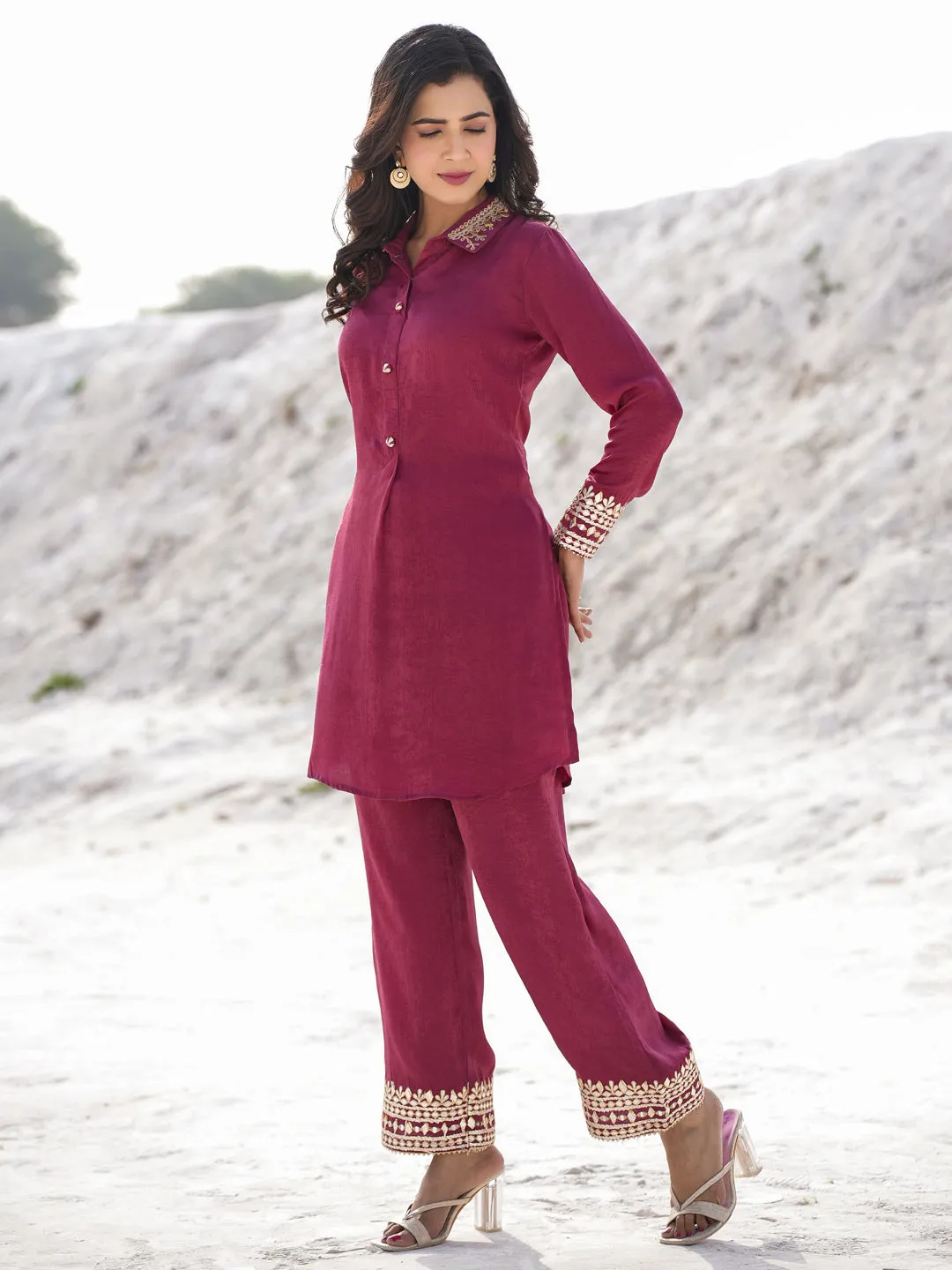 Women burgundy woven design Co-ord set with gota detailing