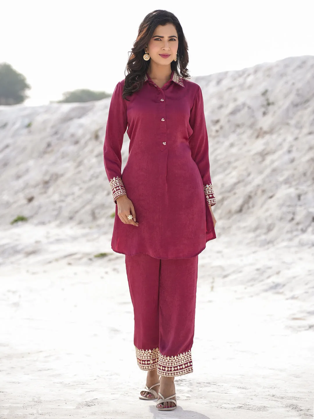 Women burgundy woven design Co-ord set with gota detailing