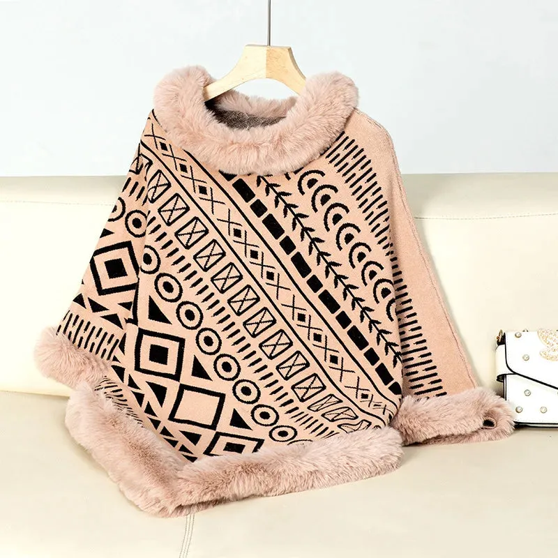 Women Cape Coat Sweater Pullovers Fur Collar Cloak  Warm Autumn Casual Ponchos