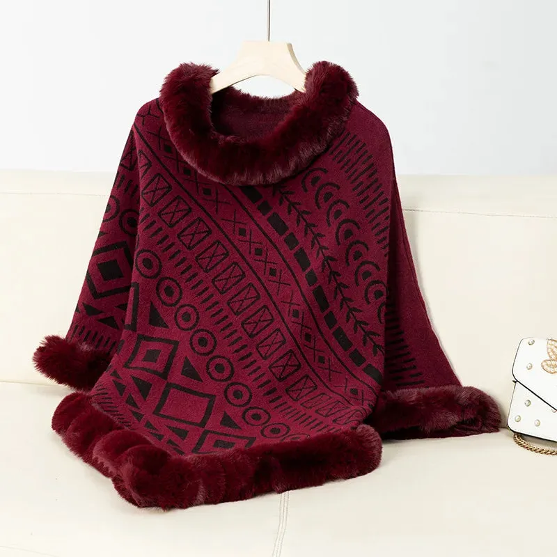 Women Cape Coat Sweater Pullovers Fur Collar Cloak  Warm Autumn Casual Ponchos