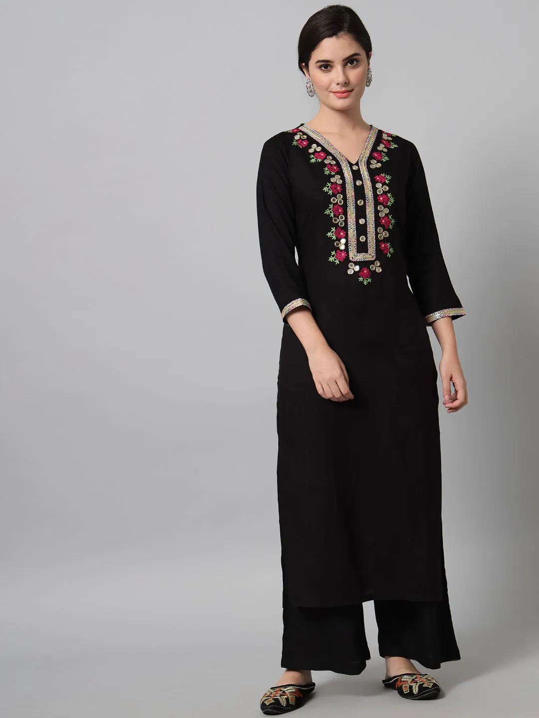 Women Embroidered Black Kurta Palazzo Set