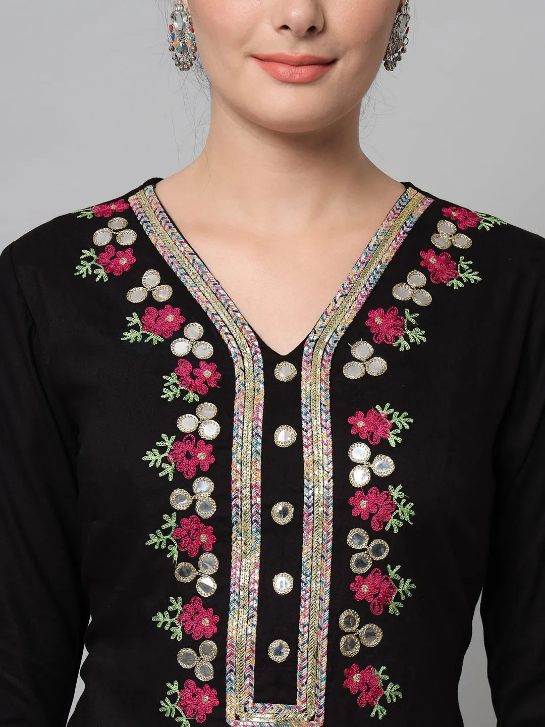 Women Embroidered Black Kurta Palazzo Set