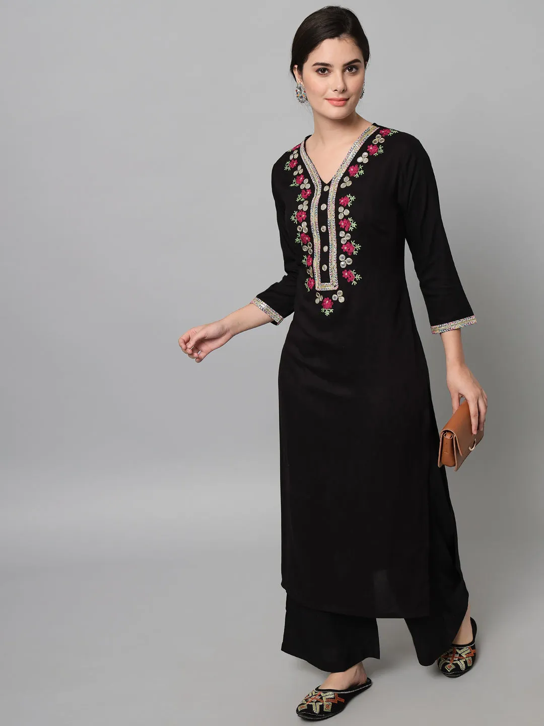 Women Embroidered Black Kurta Palazzo Set