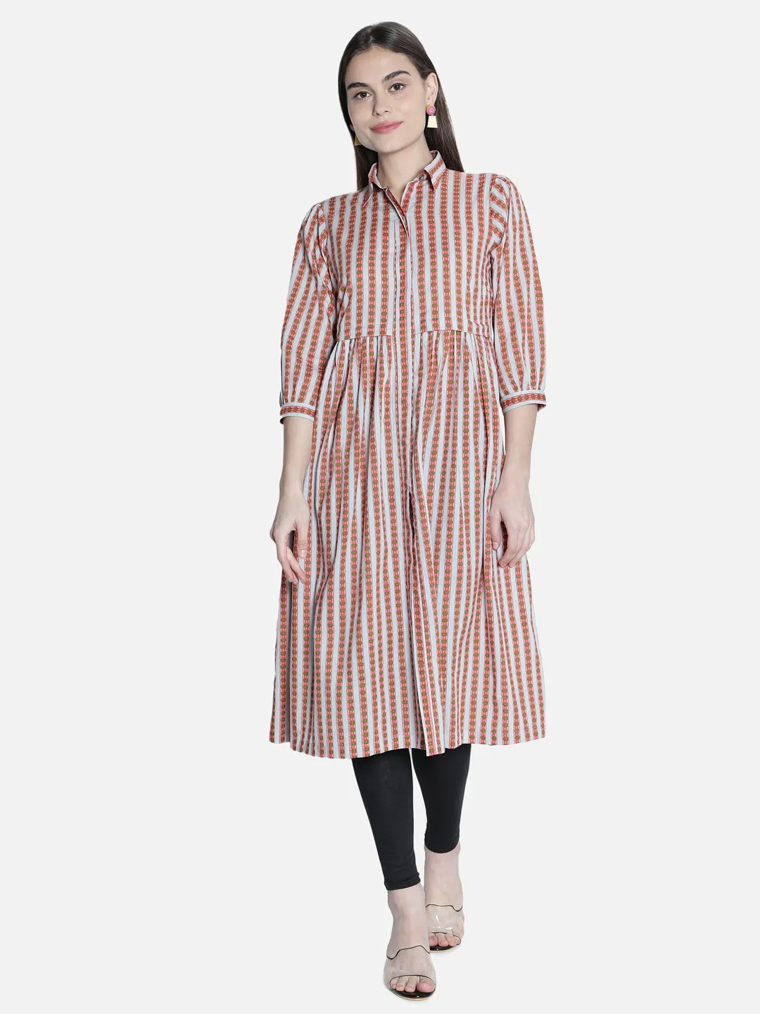 Women Grey Motif Stripe Dress