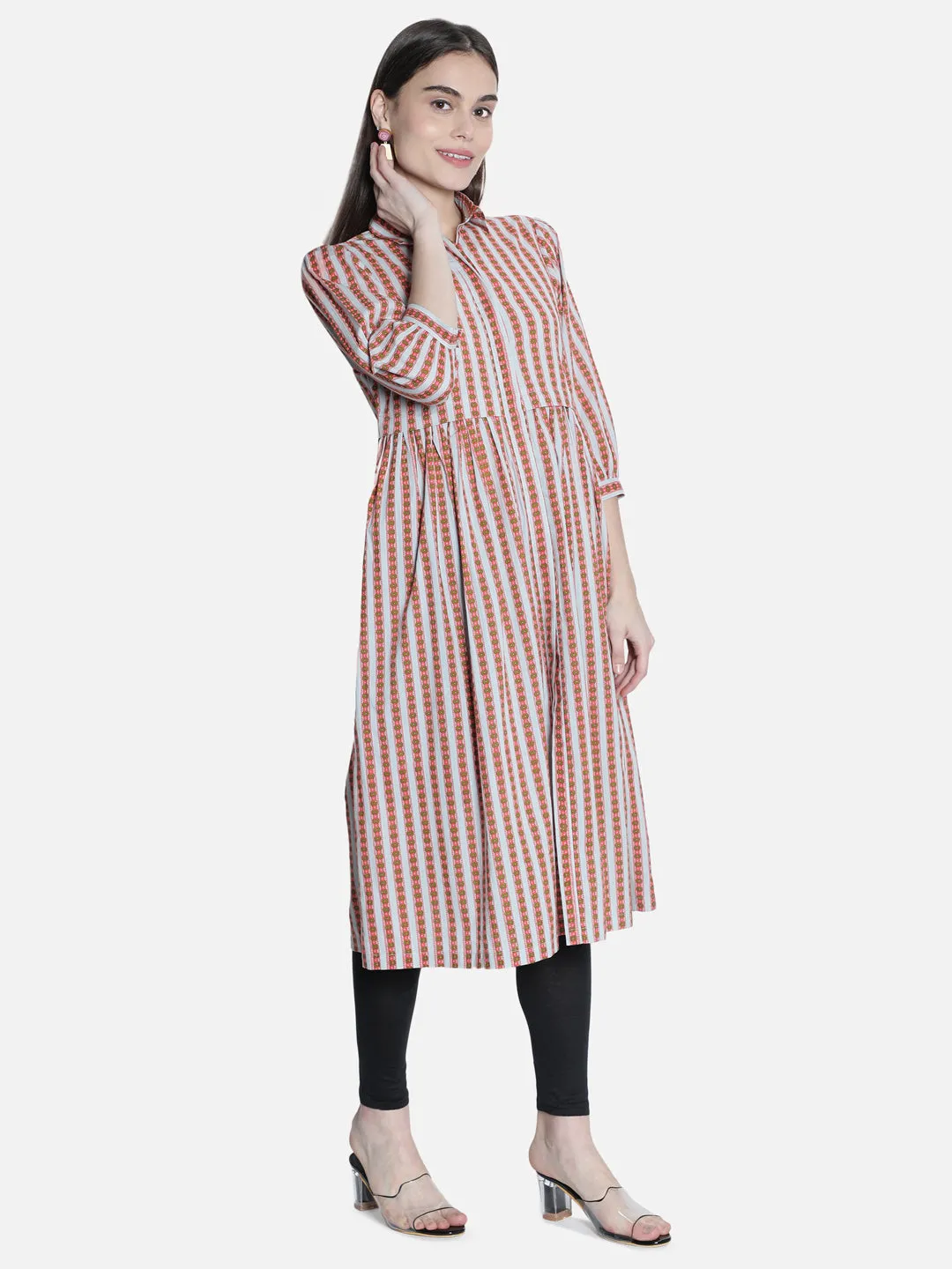 Women Grey Motif Stripe Dress