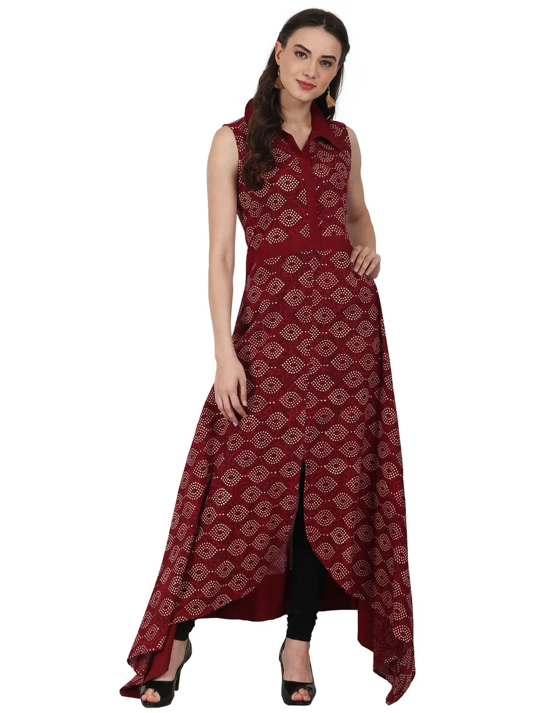 Women Maroon Printed Sleevless Assymetric Cotton A-Line Kurta