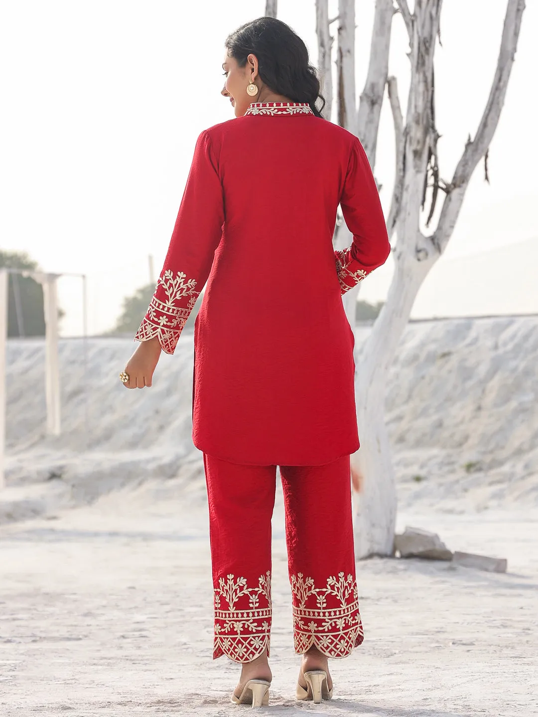 Women red pure silk Co-ord set with gota detailing