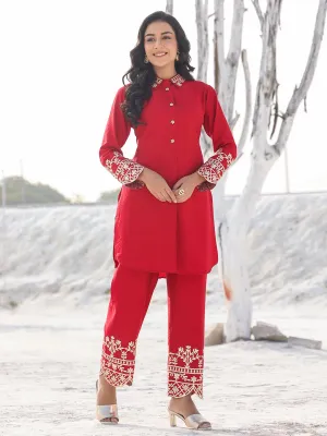 Women red pure silk Co-ord set with gota detailing