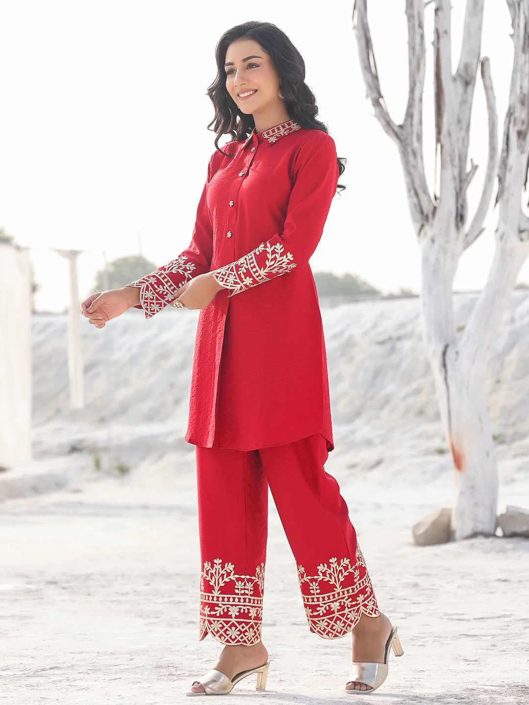 Women red pure silk Co-ord set with gota detailing