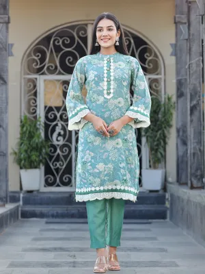 Women Sea Green Pure silk Co-ord set with Thread Work