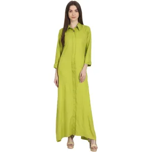 Women Solid Green Long Sleeves Shirt Collar Rayon Straight Kurta