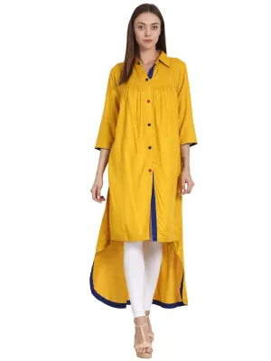 Women Yellow Front Open 3/4 Sleeve Low High Rayon Kurta